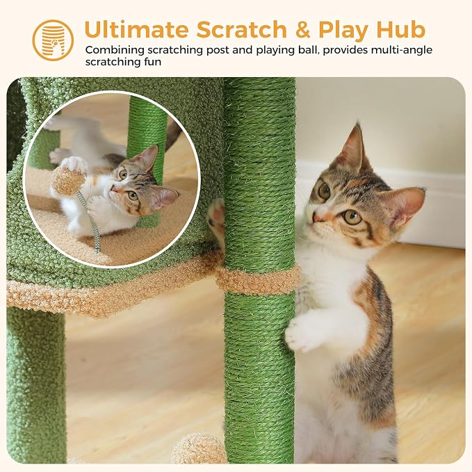 PAWZ Road 26”Cat Tower Cactus Cat Tree for Small Space | Cat Scratching Post with Large Perch 19x13" for 2 Small Cats,Cozy Cat Condo & Spring Ball Compact for Narrow Space & Corner