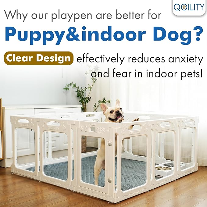 Acrylic Dog Playpen Indoor with Toilet, Height 30 Inch, 10 Panels, Ideal for Small & Toy Dogs, White