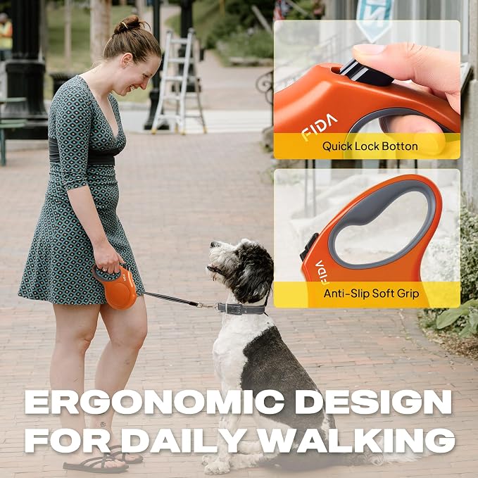 Fida Retractable Dog Leash, 10ft Heavy Duty Pet Walking Leash for X-Small Dogs or Cat up to 18 lbs, Tangle Free. One-Hand Brake (X-Small, Orange)