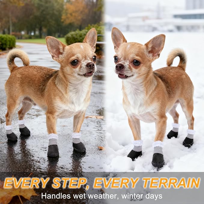 BEAUTYZOO Dog Winter Boots, Waterproof Dogs Snow Shoes with Anti-Slip Sole & Warm Fleece Lining-Indoor Outdoor Paw Protectors for Small Dogs, Puppy Booties to Prevent Licking on Hardwood Floors,Size 4