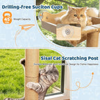 46" Tall Cat Scratching Post with Window Perch | Natural Linen Mat, 3-Piece Detachable Sisal Posts, Drill-Free Suction Cup Mount, Elevated Privacy Hammock, 45 LBS Capacity