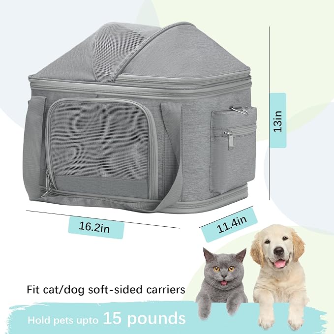 Expandable Pet Dog Cat Carrier, Top Opening Pet Bag for Small Medium Dogs Cats, Collapsible Ventilated Car Travel Comfort Soft-Sided Puppy Carriers Up to 15lbs (Light Grey, 16.2"x11.4"x13"(LxWxH))