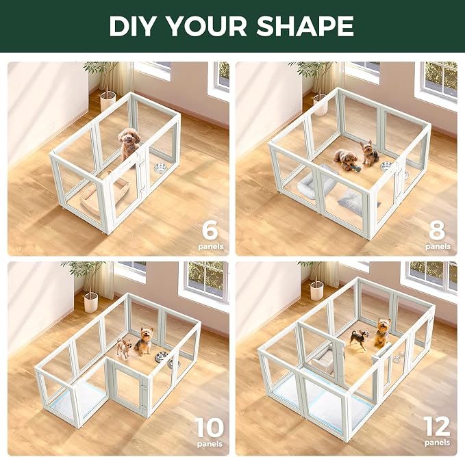 FXW AuraSpace Clear Acrylic Indoor Dog Playpen, 24" H, 16 Panels, White | Open View, Modern Home Fit, No Climbing Bars, Tool-Free Setup, For Puppies & Small Dogs