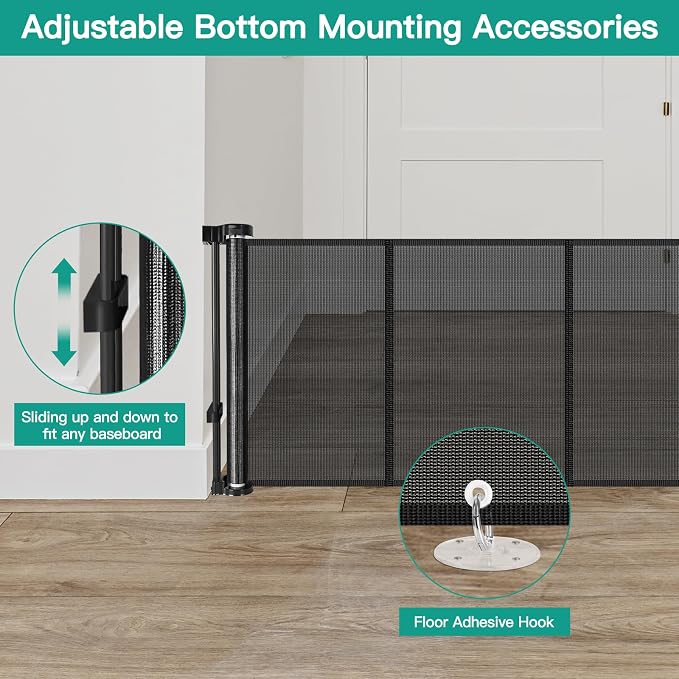 24 Inch Tall x 75 Inch Extra Wide Retractable Dog Gate for The House, Short Dog Gate to Step Over, Reinforced Mesh Puppy Gate for Doorways, Step Over Pet Gate for Stairs, Indoor/Outdoor, Black
