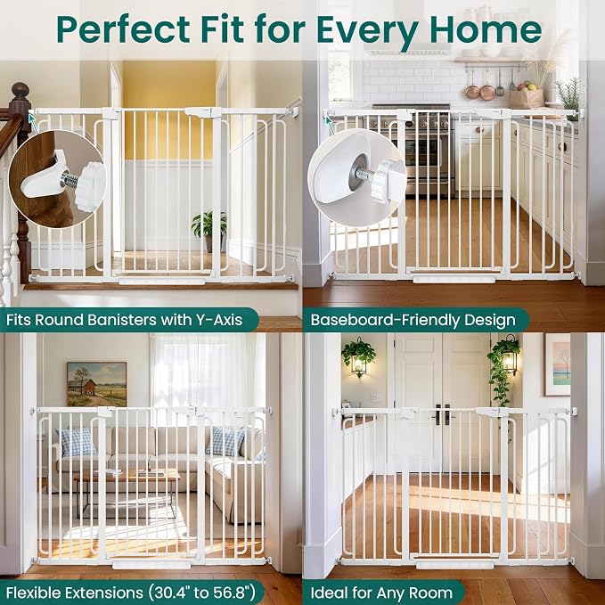 Cumbor 36" Extra Tall Baby Gate for Stairs, 30.4-56.8" Extra Wide Dog Gate Indoor, Dual Lock & Self-Closing Child Gate for Doorways, Hallways & Large Opening, Safety Baby Proofing for the House, White