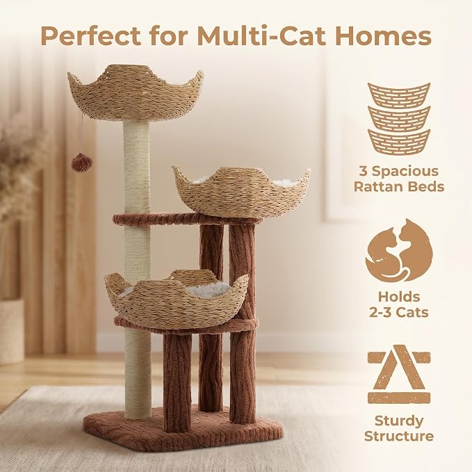 PAWZ Road Modern Cat Tree with Baskets, 44" Cat Tower for Indoor Cats,Brown | 3 rattan baskets (φ15.7") with thick cushions, sturdy base cat tree for large indoor cats, multi-level climbing resting space