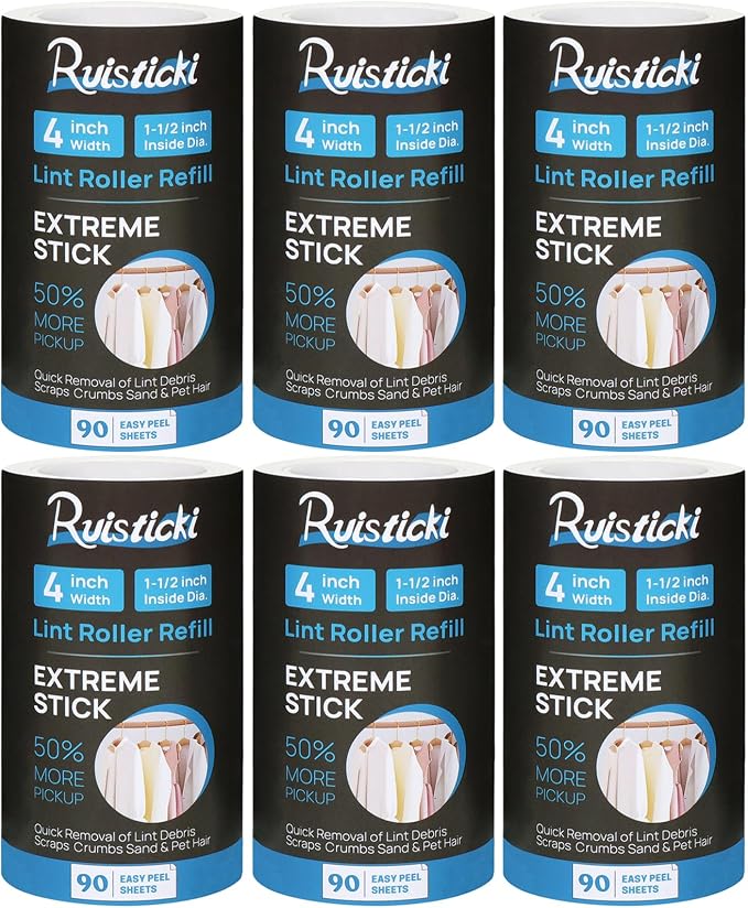 4 inch Lint Roller Refills for Evercare Extreme Stick All Purpose Lint Roller Standard Sticky Roller Refills 6 Pack 90 Sheets per Refill 540 Sheets Total (Inside Dia. 1 1/2 inch)