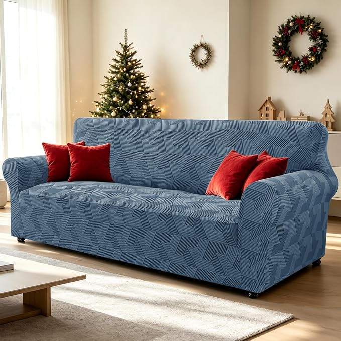 ZNSAYOTX Stretch Couch Covers for 3 Cushion Couch, 1-Piece Sofa Cover Slipcover Pet Friendly, Furniture Protector with Elastic Bottom for Dogs Geometrical Jacquard Fabric (Large, Dark Grey)