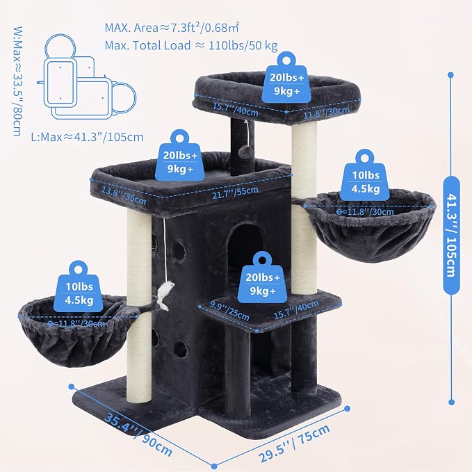 Heybly Cat Tree with Reinforced Big Base, 41.3 in Sturdy Cat Tower HCT075G | Indoor Cat Furniture Featuring 2 Roomy Platforms, Double Condos, 2 Cozy Baskets, Full Sisal Scratching Posts, Smoky Gray