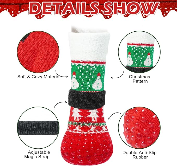 EXPAWLORER Christmas Anti-Slip Soft Dog Socks for Hardwood Floor,Warm Dog Shoes,Paw Protectors for Cold Pavement,Prevent Licking,Traction Control for Small Medium Large Senior Dogs