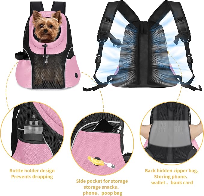 WOYYHO Pet Dog Carrier Backpack, Ventilated Mesh Small Dog Front Backpack | Breathable Puppy Back Pack, with Safety Belt, Storage Pockets, for Travel Hiking Cycling Outdoor Adventures, Pink, L