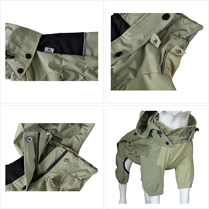 LOVELONGLONG Waterproof Dog Raincoat with Removable Hood – Outdoor Full Body Dog Jacket, Windproof Snowproof Shell Suit – All Season Pet Rain Gear Sage Green XS