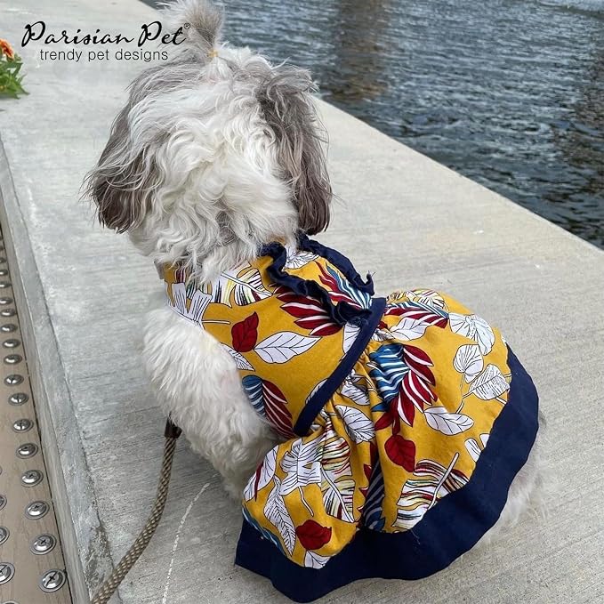 Parisian Pet Summer Dog Dress - Multicolor Clothes for Medium Dogs Girl - Pet Dress with Leaf Pattern - Stylish Printed Beach Dog Outfit - Lightweight Puppy Clothes - Sleeveless Dresses for Dogs