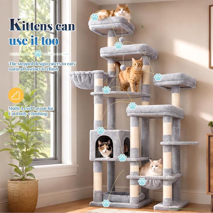 Hey-brother Cat Tree Tower, Wide Base, 5 Platforms for Multi-Cats, MPJ074W | 72.8 Inches Tall Furniture, 5 Plush Beds, Large Condo, Big Hammocks, Sisal Scratching Posts, for Indoor Adult Cat, Light Gray