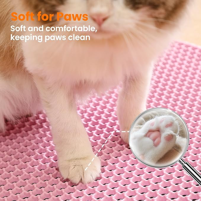 Extra Large Cat Litter Mat XXL, Double Layer Honeycomb, Pink | 46x26”, Reduces Litter Tracking, Easy to Clean, Waterproof, Non-Slip, Soft on Paws, Scratch Resistant, XXL