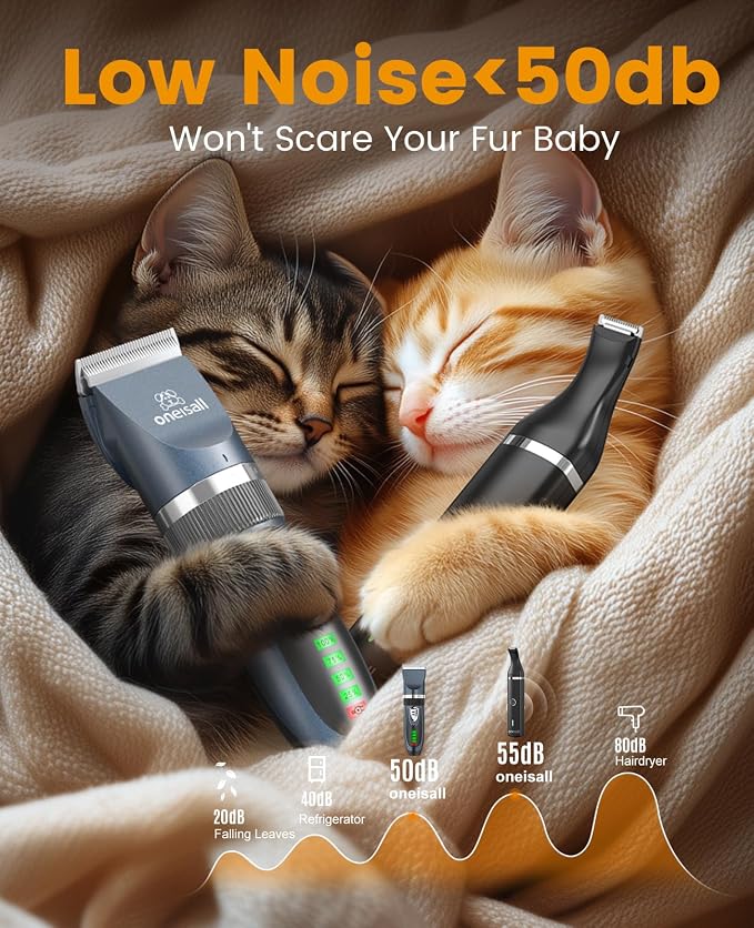 oneisall Cat Clippers and Paw Trimmer 3 in 1 Cat Grooming Kit | for Matted,Long,Thick Coat,2-Speed Cordless Pet Clippers, Quiet Cat Grooming Kit for Cat