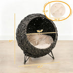 PawHut Rattan Cat Bed Elevated Handwoven Cat Basket Bed for Kittens Gray | Soft Cushion, Metal Base, Indoor Kitty Furniture, Breathable