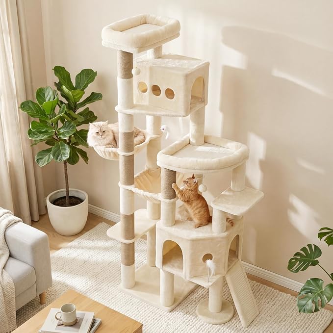 Cat Tree, 78.7" Tall Heavy Duty Cat Tower for Indoor Cat VCT033MJ | Cat Furniture with Sturdy Structure, Spacious Condo, Cozy Top Perch & Scratching Posts, Hammock, Beige