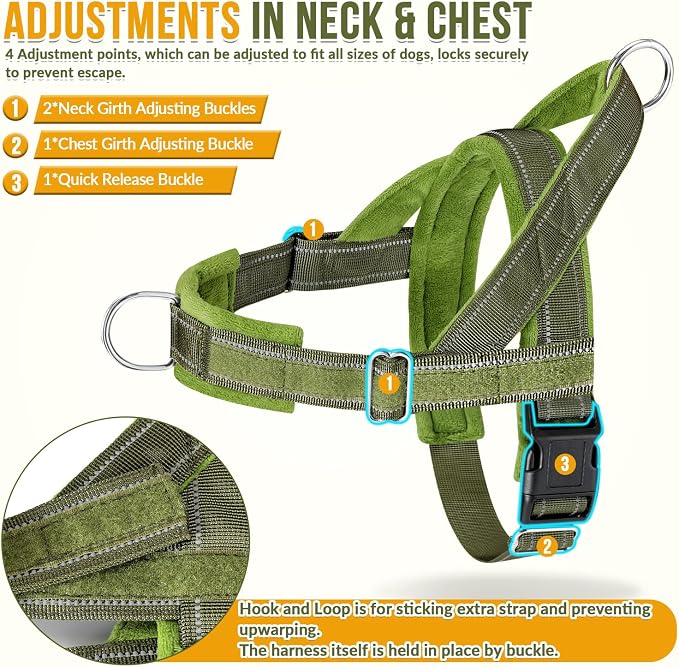 SlowTon No Pull Dog Harness - Heavy Duty Dog Harness and Leash Set for Medium Large Dogs, Reflective Tactical Harness with Soft Padded and Front Clip for Easy Walk and Training (Green, M)