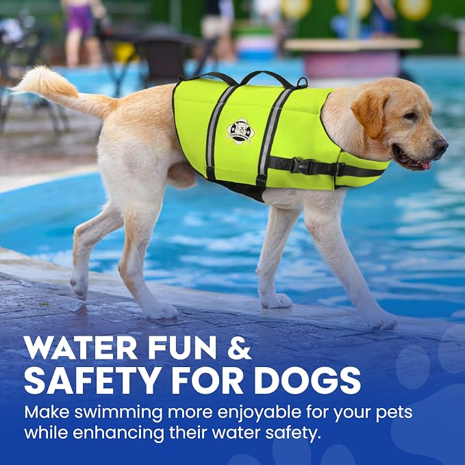 Dog Life Jacket - Swimming Vest for Dogs, Adjustable, Reflective, Comfortable, Multiple Colors, Patterns, XX-Small to Extra Large Dog Swim Vest with Handle (Neon Yellow, X-Large)