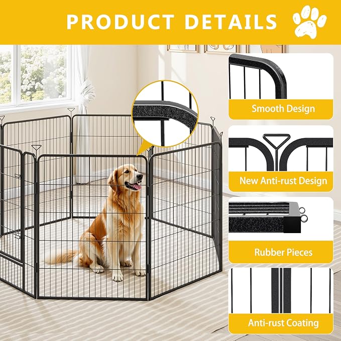 Heavy-Duty Iron Dog Playpen Outdoor Indoor,24 inch 8 Panels Dog Fences for RV Camping/Yard/Garden,Portable Dog Play Pen for Dogs,Puppies,Small Animals,Black Silver