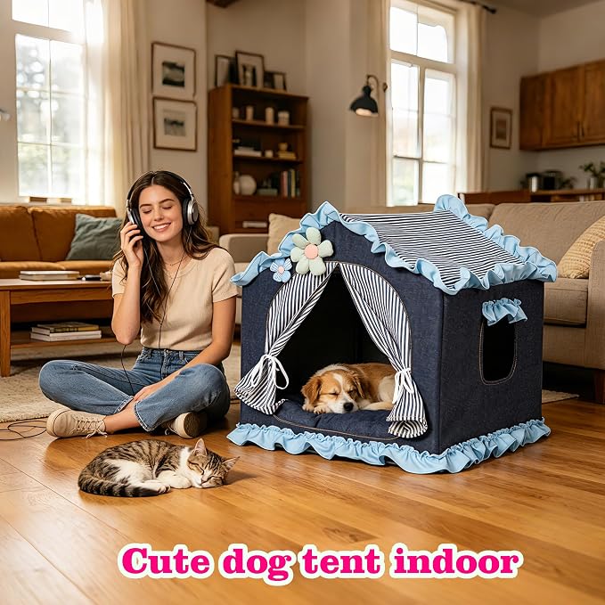 Denim Blue Indoor Dog House with Frame and Princess Style Cat Houses for Indoor Cats, Breathable Washable Cat Bed & Cat Tent, M Size (17×17×17 Inches) for 8-20 lbs. Pets.