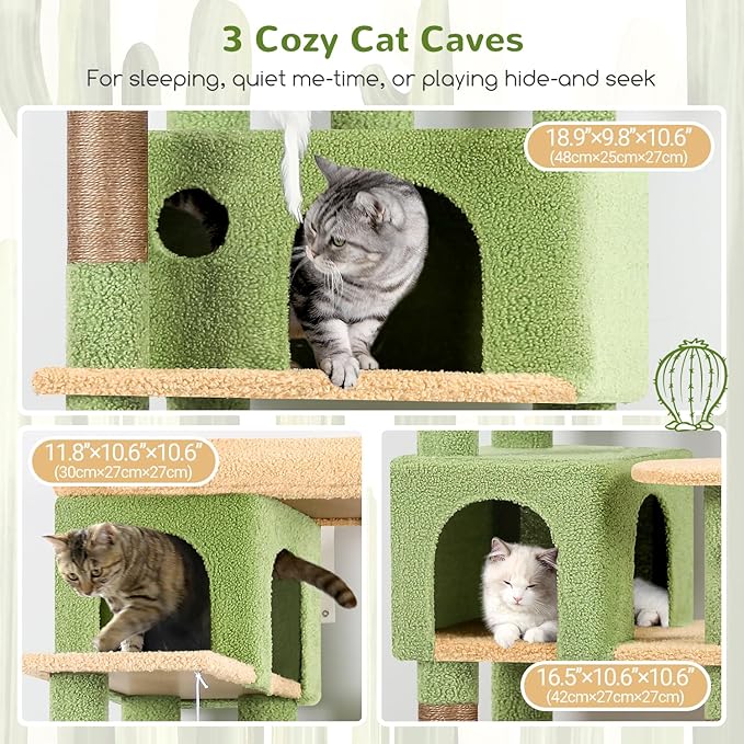 Globlazer F66 Cactus Corner Cat Tree, 66in Multi-Level Climbing Tower | Kitty Condos Cat Scratching Tower for Indoor Multiple Cats with Large Platform, 3 Cat Caves, Hanging Basket