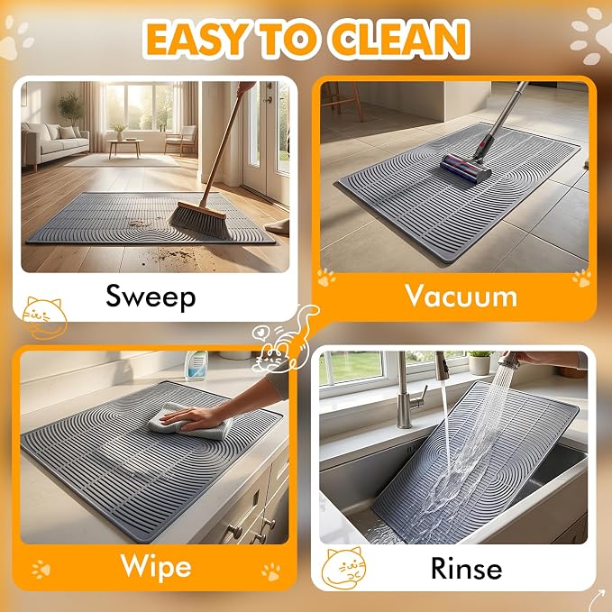 Extra Large Cat Litter Mat 47" x 35" Silicone Litter Trapping Mat for Scatter Control, Catcher for Kitty Litter, Non-Slip Waterproof Floor Protector, Easy to Clean, Gray