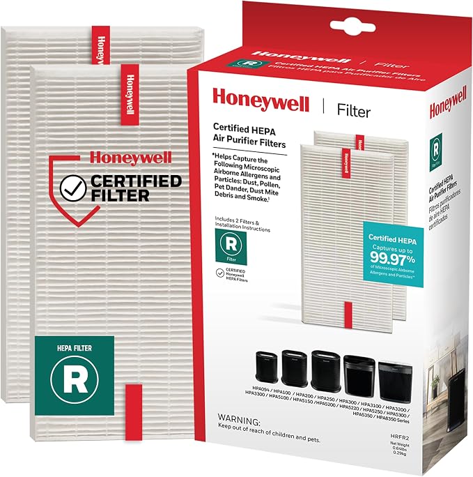 Honeywell HEPA Air Purifier Filter R, 2-Pk for HPA 100/200/300 5000 Series | Airborne Allergen Air Filter Targets Wildfire/Smoke, Pollen, Pet Dander and Dust