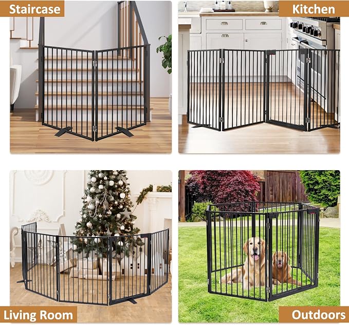 Metal Freestanding Dog Gates with Door,Extra Wide 24", 32" Height Foldable Dog Fence for Indoor & Outdoor, Heavy Duty Freestanding Pet Barrier for Stairs, Doorways, Halls, Kitchen,Yard,Christmas Tree