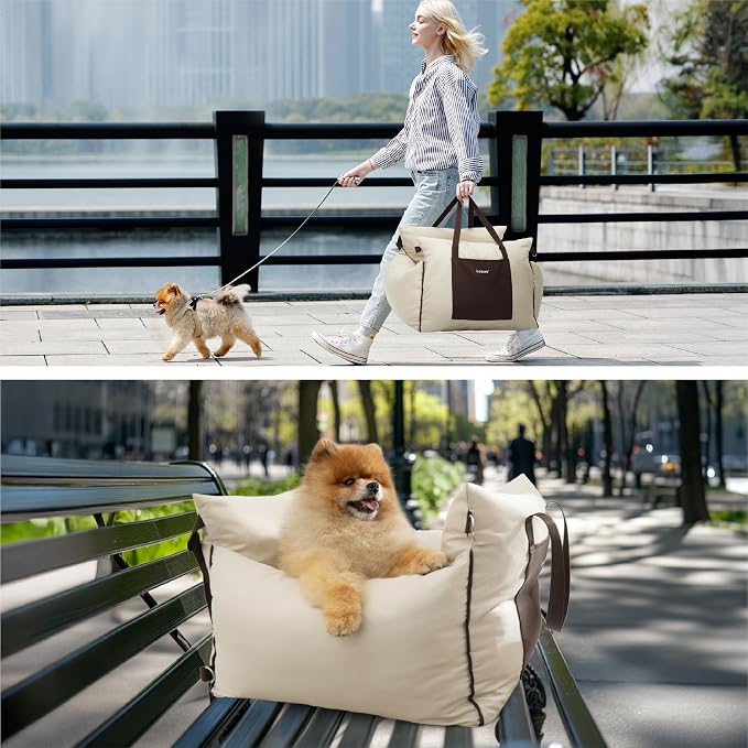 Lesure Small Dog Car Seat for Small Dogs - Dog Booster Seat for Car with Waterproof Bottom, Clip-On Safety Leash and Thickened Memory Foam Filling, Pet Carseat Puppy Travel Carrier Bed, Beige