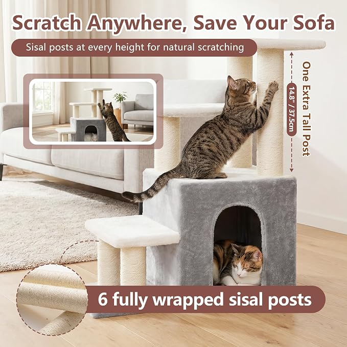 Heybly Cat Scratching Post, Pet Steps for Indoor Cats and Dogs, HSP002SWWH | Small Cat Tree with Cat Condo, Pet Stairs with Full Wrapped Sisal Posts & Soft Plush Fabric, Light Gray & White