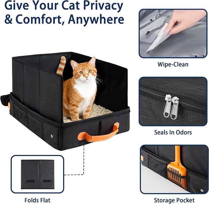 MORAIS Portable Travel Litter Box for Cats, 17.7"×13.5"×11" Collapsible Cat Litter Box with Lid, Leak-Proof Cat Litter Pan for Car Hotel Airplane, Waterproof & Easy to Carry- Black