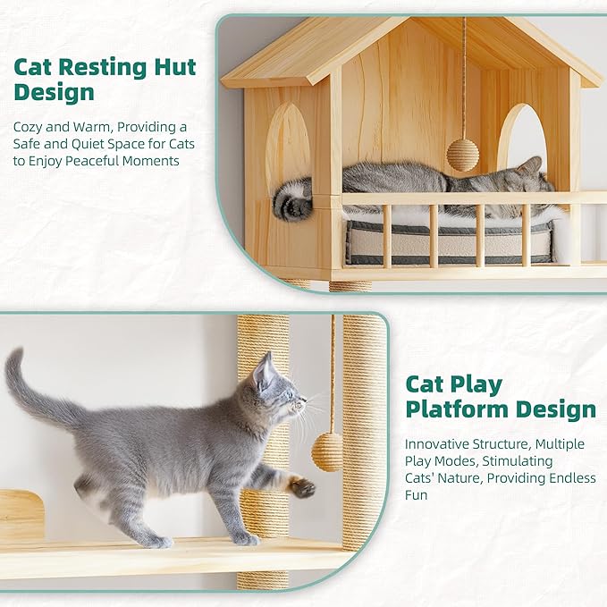 Wood Cat Tower for Automatic Litter Box, 4 Tier Cat Tree, 60 Inch | Multi-Level Solid Wood Cat Tree for Indoor Large Cats, Tall Cats Scratching Post Furniture w/Cats House, Burlywood