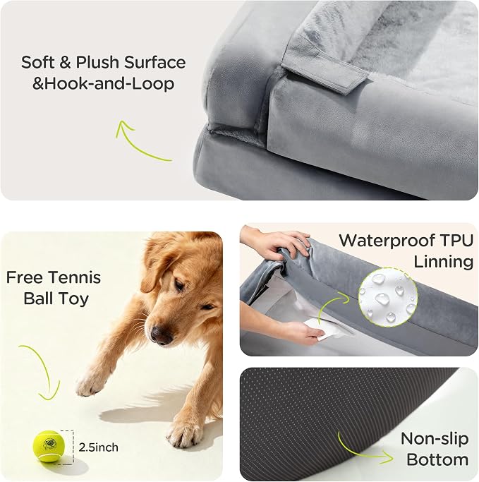 Waterproof Orthopedic Dog Bed for Medium Large Sized Dogs | Memory Foam Pet Bed Sofa with Bolster, Dog Couch with Washable Cover & Non-Slip Bottom, 36x27 Inch, Light Grey