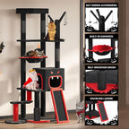 YITAHOME Gothic Cat Tree with Coffin Bed, 60" Tall Cat Tower for Indoor Cats with Top Perch, Spacious Cat Condos, Spider Hanging Balls,Comfy Basket, Scratching Post and Ladder, Black Halloween