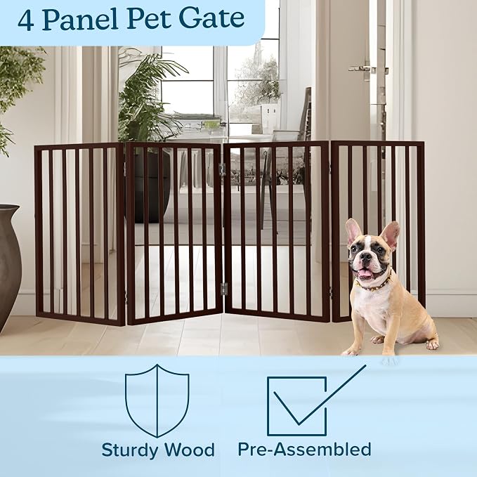 Pet Gate - 4-Panel Indoor Foldable Dog Fence for Stairs, Hallways, or Doorways - 73x24-Inch Freestanding Dog Gates by PETMAKER (Brown)