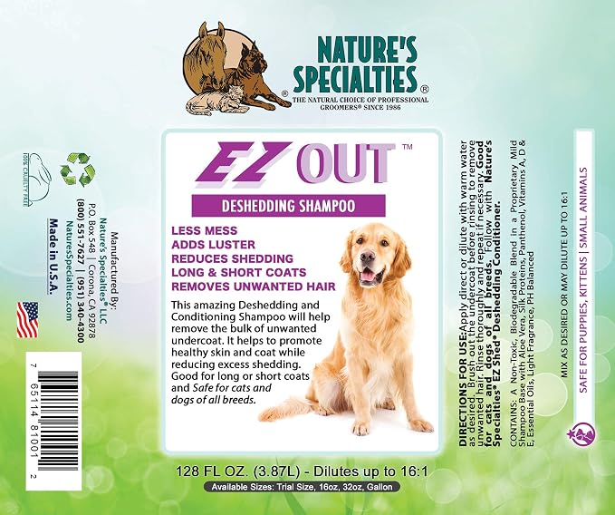 Nature's Specialties EZ Out Deshedding Ultra Concentrated Dog Shampoo for Pets, Makes up to 4 Gallons, Natural Choice for Professional Groomers, Removes Unwanted Hair, Made in USA, 1 Gal