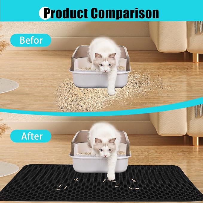 Cat Litter Mat 26"x46.5", Double Layer Waterproof Litterbox Mat, Black | Non-slip backing, washable for easy cleanup, traps stray litter with waterproof honeycomb large grid that is urine-proof.