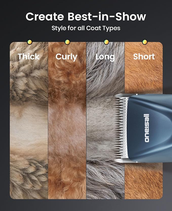 oneisall Professional Dog Grooming Clippers Metal Combs A5 Blade | 3700SPM 2-Speed, 2600mAh Swappable Battery, Low Noise Dog Grooming Clippers for Thick Long Curly Matted Hair