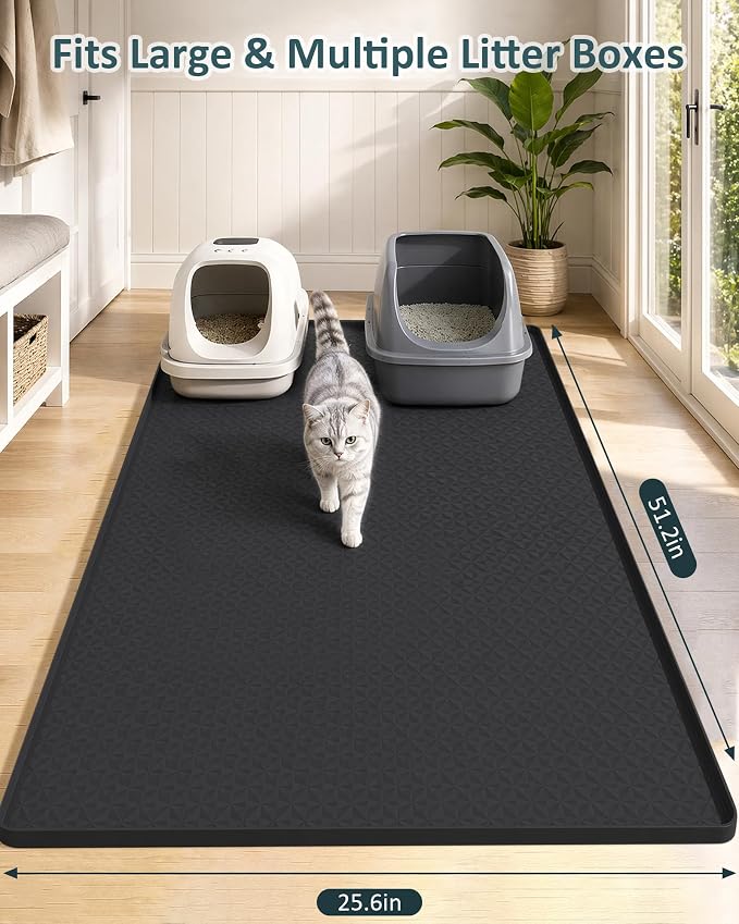 Extra Large Cat Litter Mat, Waterproof Litter Mat, 51.2 x 25.6 in | Silicone, Raised Edge Desgin, Waterproof, Traps Litter Water Dirt, Easy Clean Non Slip Floor Protector