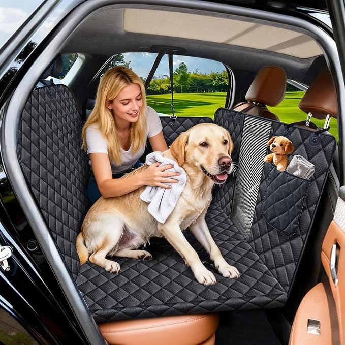 JSTHT Dog Car Seat Cover for Pets Back Seat Extender | Hard Bottom Car Seat Cover Support 420lbs, 100% Waterproof, Scratch Proof, Dog Hammock for Car SUV and Truck, Universal
