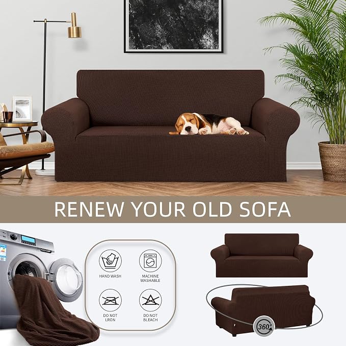 Stretch Loveseat Couch Cover, 2 Cushion Couch Slipcover,Chocolate | 1-Piece Washable Sofa Cover Pet Friendly (55"-78") Furniture Protector Soft Jacquard, Elastic Bottom for Dogs & Kids