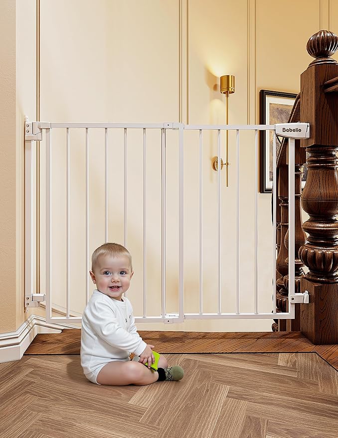 Babelio Extra Wide No Bottom Bar Baby/Dog Gate, 28" H, 29.7-46.5" W, White | Hardware Mount Pet Gate for Indoor Doorways and Hallways with Auto Close, Stay-Open, Wide Walk-through Door, Easy Install