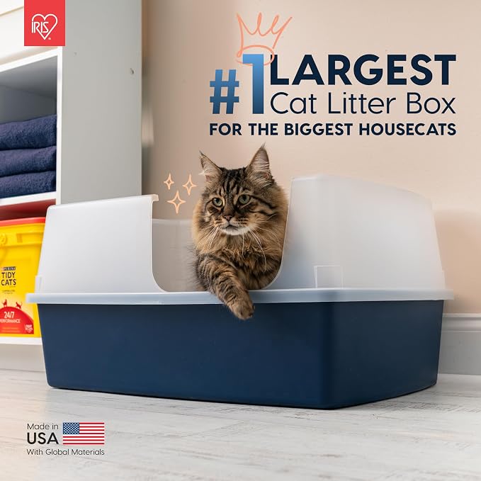 IRIS USA XX-Large Side Entry Cat Litter Box, Navy | Multi-Cat Use, Extended Length Design, Extra Room Interior, Jumbo Capacity Pan, Comfortable Space, Multiple Cat Ready