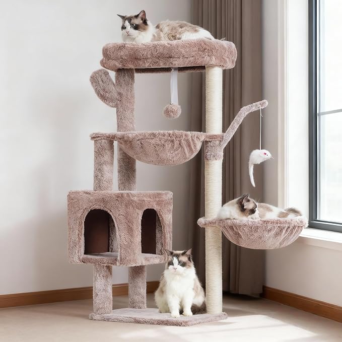 Heybly Cat Tree, 40" Tower with All-Sisal Wrapped Scratching Post HCT006SMU | Cat Tower for Indoor Cats, Cat Condo with Soft Platform, 2 Baskets and Dangling Toy, Rosy Brown