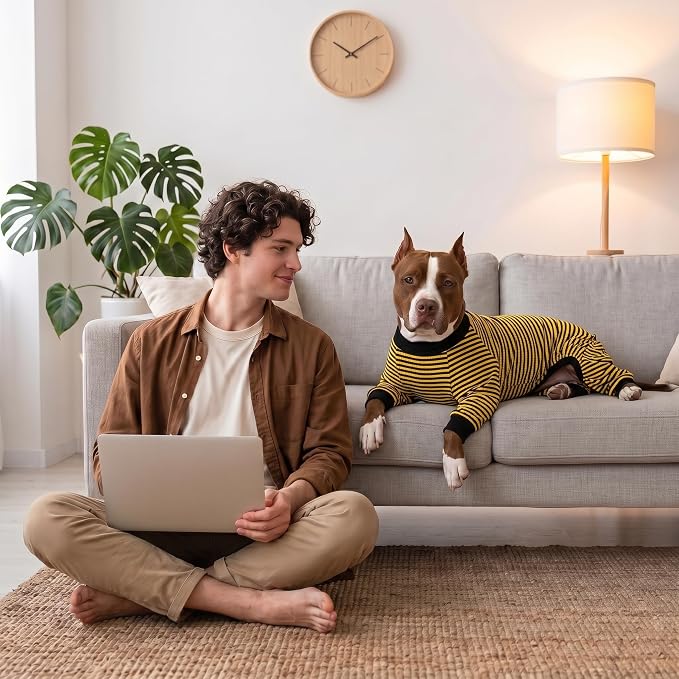 LovinPet Dog PJS Clothes for Giant Dogs, Pitbull Pure Cotton Yellow and Black Stripe Dog Shirt, 4-Legged Design, Full Body Coverage, Pajamas for Pitbulls, Onesies for Dogs, Large