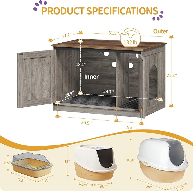 Hzuaneri Cat Litter Box Enclosure, Hidden Litter Box Furniture with Divider | Wooden Cat Cabinet with Removable Dividers, Reversible Entrance Left or Right Side, Cat Washroom, Greige CB84605X