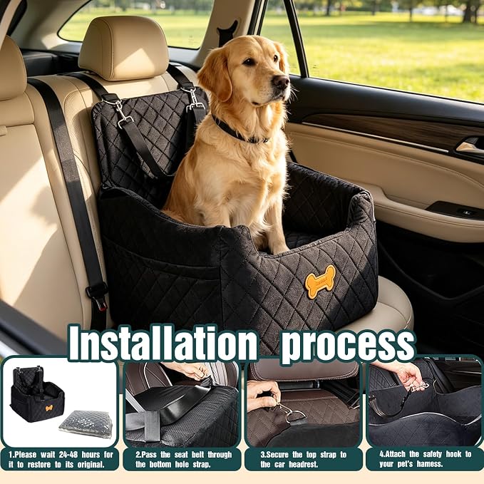 Dog Car Seat for Small Dogs, Dog Booster Seat Filling in Thick Memory Foam with 2 Safety Leashes and Storage Pocket, Suitable for Pet Under 30lb or 2 Puppies (Black)