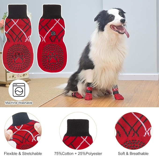 BEAUTYZOO 6PCS Dog Socks to Prevent Licking Paws, Anti Slip Dog Shoes for Hot Pavement Hardwood Floors, Traction Control Toe Grips Boots & Paw Protectors for Small Medium Large Senior Dogs, Red SM